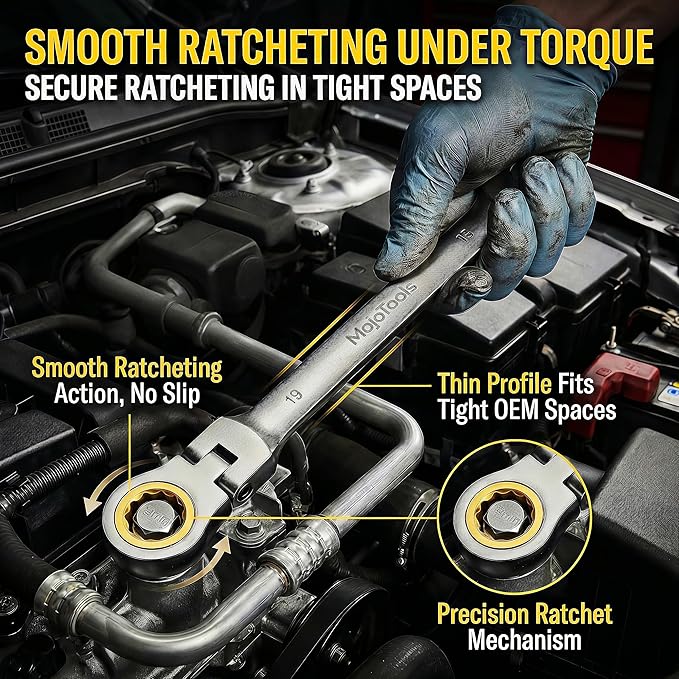 19mm Flex-Head Ratcheting Combination Wrench, Metric Standard, 72-Tooth 12-Point Ratchet Box End & Open-End Spanner, CR-V Steel, Nickel-Plated for Durability