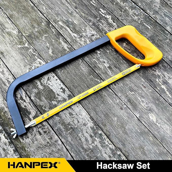 Hanpex 12in. High-Tension Hacksaw Frame with 10pcs Extra Bi-metal Blades, Hand Saw Suitable for Metal, wood, PVC, Carpentry