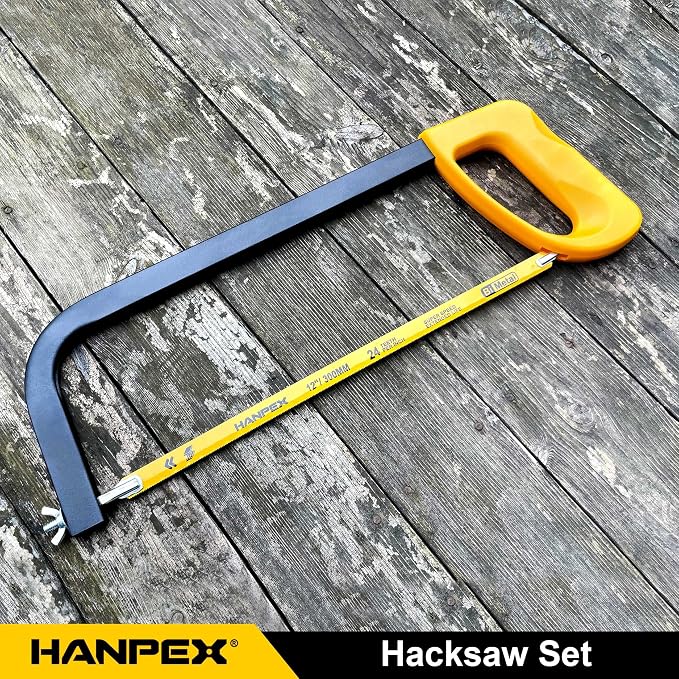 Hanpex 12in. High-Tension Hacksaw Frame with 10pcs Extra Bi-metal Blades, Hand Saw Suitable for Metal, wood, PVC, Carpentry