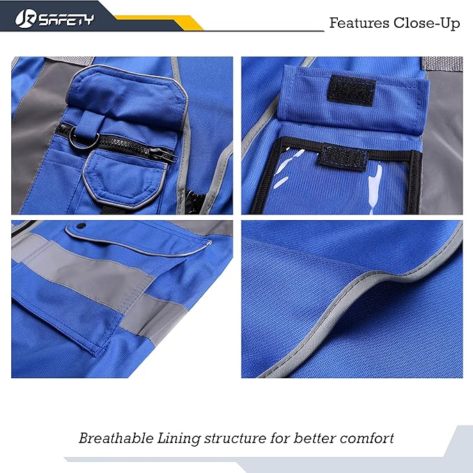 JKSafety 9 Pockets High Visibility Zipper Front Safety Vest With Reflective Strips Meets ANSI/ISEA Standard (150Blue-XL)