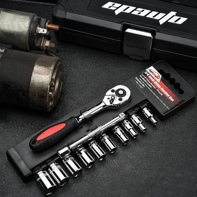 EPAuto 1/4-Inch Drive Socket Set with 72 Tooth Reversible, 12 Pieces