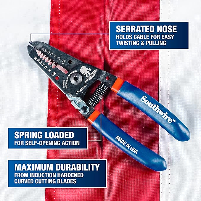 Southwire Wire Stripper and Cutter - Compact Tool for Efficient Electrical Work - Precision Shear-Type Blades - Comfortable Double-Dipped Grip - 10-20 AWG Solid