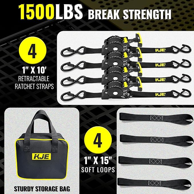 KJE Retractable Ratchet Straps, (4)1"x10' Automatic Straps + (4)Soft Loops | 1,500lb Break Strength, Self Retracting Design, S-Hook with Clip, T Handle, For Motorcycle, Kayak, ATVs, Trailer Tie Downs