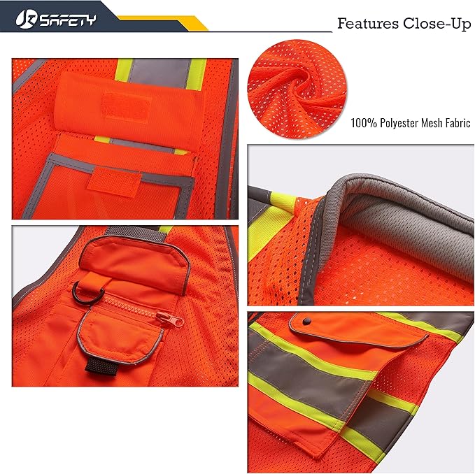 JKSafety 9 Pockets Hi-Vis Safety Vest Breathable Mesh Fabric Cushioned Collar Work Utility PPE Lightweight Industrial Work Gear ANSI/ISEA compliant (101-Orange L)