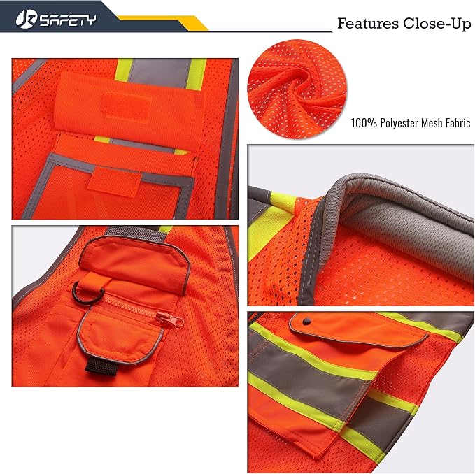 JKSafety 9 Pockets Hi-Vis Safety Vest Breathable Mesh Fabric Cushioned Collar Work Utility PPE Lightweight Industrial Work Gear ANSI/ISEA compliant (101-Orange 3XL)