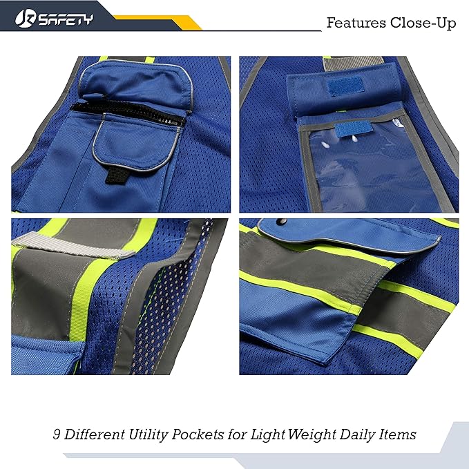 JKSafety 9 Pockets High Visibility Zipper Front MESH Blue Safety Vest | Blue with Dual Tone High Reflective Strips | ANSI/ISEA Standards (100-Blue, M)