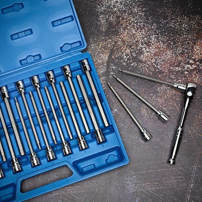 NEIKO 10079A Extra Long Allen Hex Bit Socket Set, 18 Piece SAE and Metric Allen Socket Set, 3/8 Drive, 1/8" – 3/8 Inch & 3mm – 10mm, 6” Long Allen Hex Socket Bit Set, Allen Head Hex Key Socket Set …