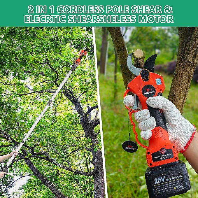 Cordless Electric Pole Pruning Shears,Suoxin 2-in-1 Handheld & Telescopic Tree Trimmer with 6.2FT Foldable Extension Pole, SK5 Blade,1.6" cutting diameter,LCD Display,2×4Ah Batteries for Garden Use