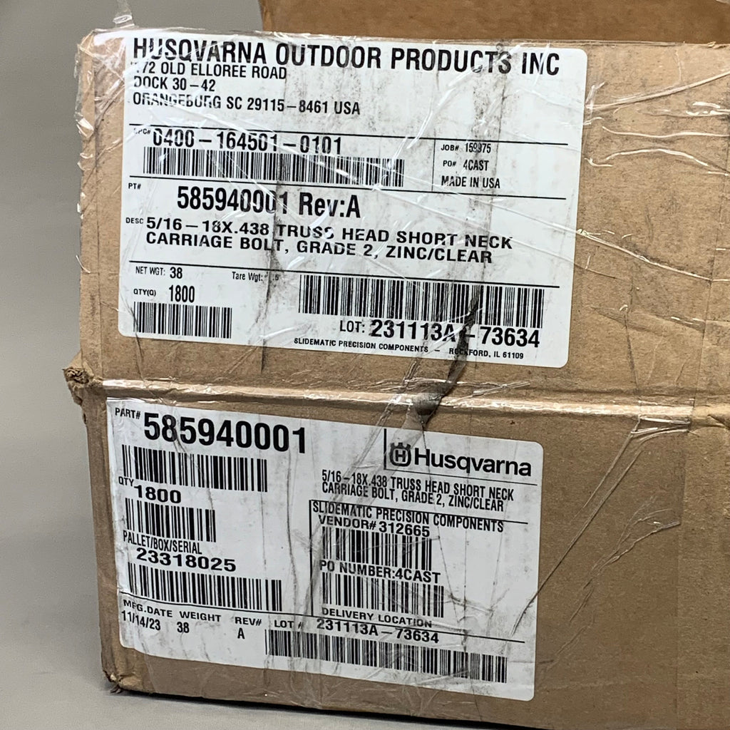 HUSQVARNA (1800) Short Neck Carriage Bolts 5/6"-18x.438 Silver 585940001