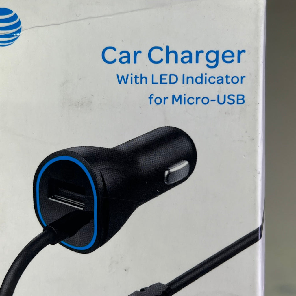 AT & T Single USB Secondary & Corded Micro Car Charger LED 3.4Amp Black 4899