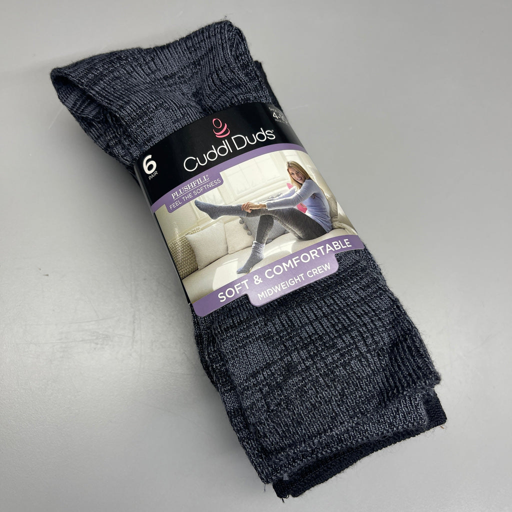 CUDDLE DUDS Super Soft Midweight Crew Socks 6 Pair Black Basic 2 Sz 4-10 (New)
