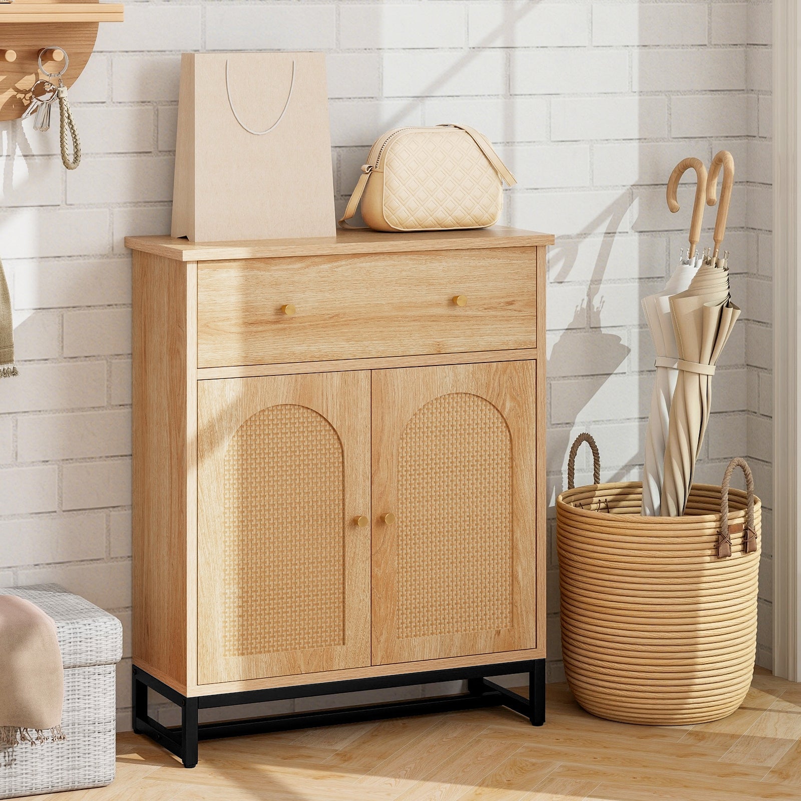 Accent Floor Storage Cabinet with Rattan Doors and Drawer-Natural