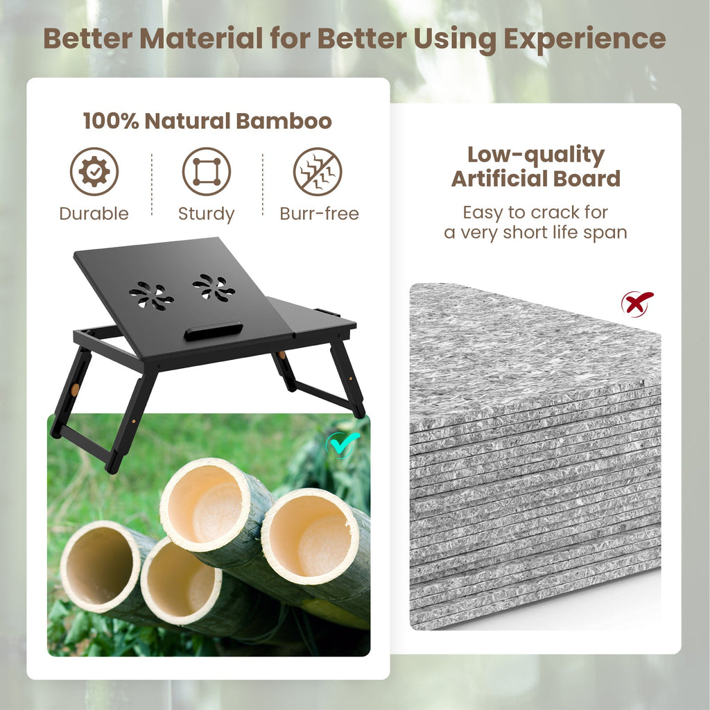 Bamboo Laptop Lap Tray with Adjustable Legs and Tilting Heat-dissipation Top
