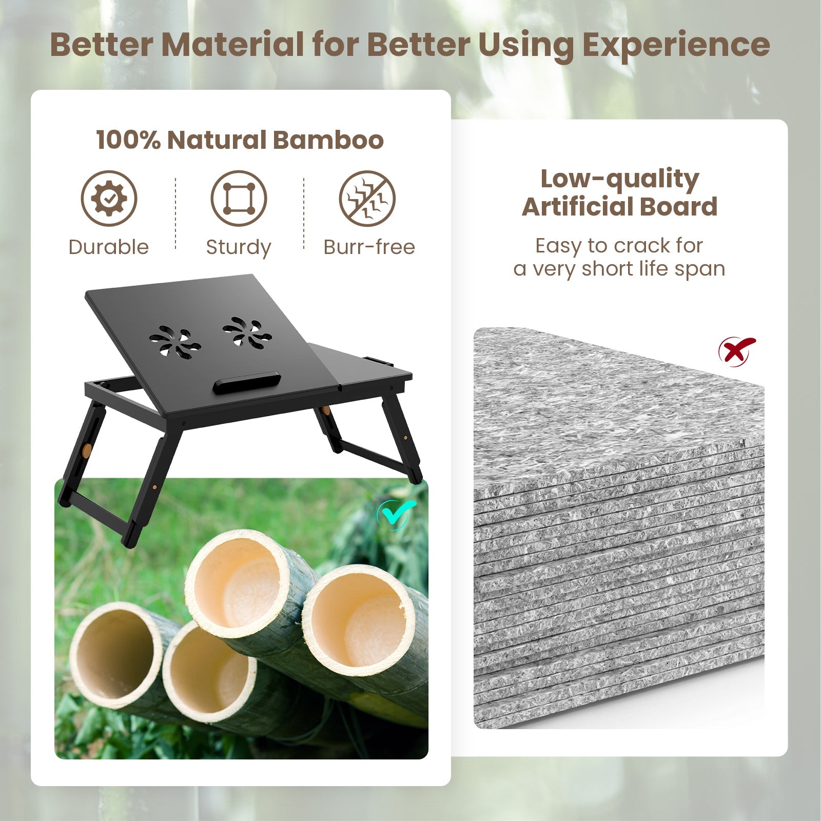 Bamboo Laptop Lap Tray with Adjustable Legs and Tilting Heat-dissipation Top