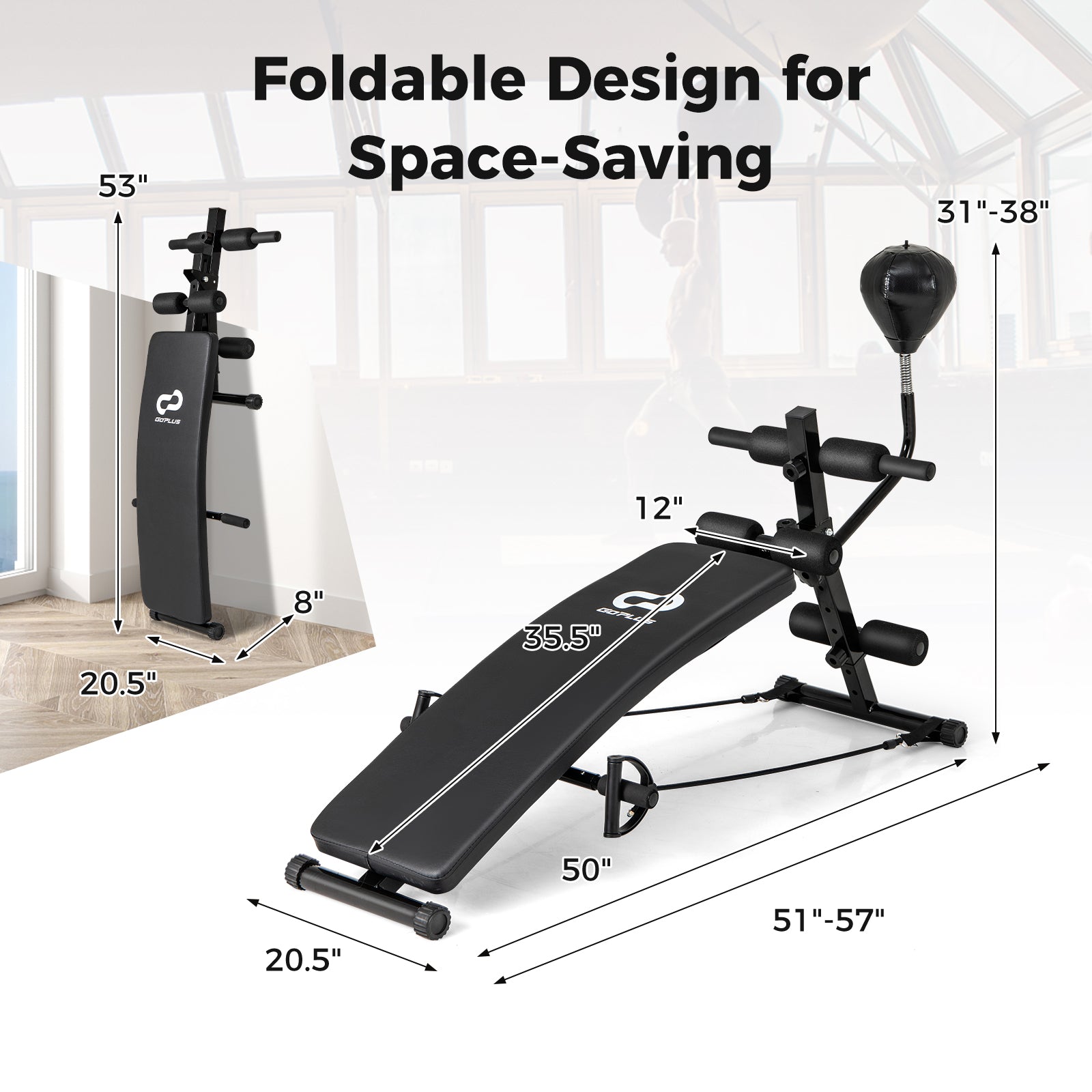 Adjustable Decline Sit Up Bench for Exercise for Home Gym with Speed Ball and 2 Resistance Bands