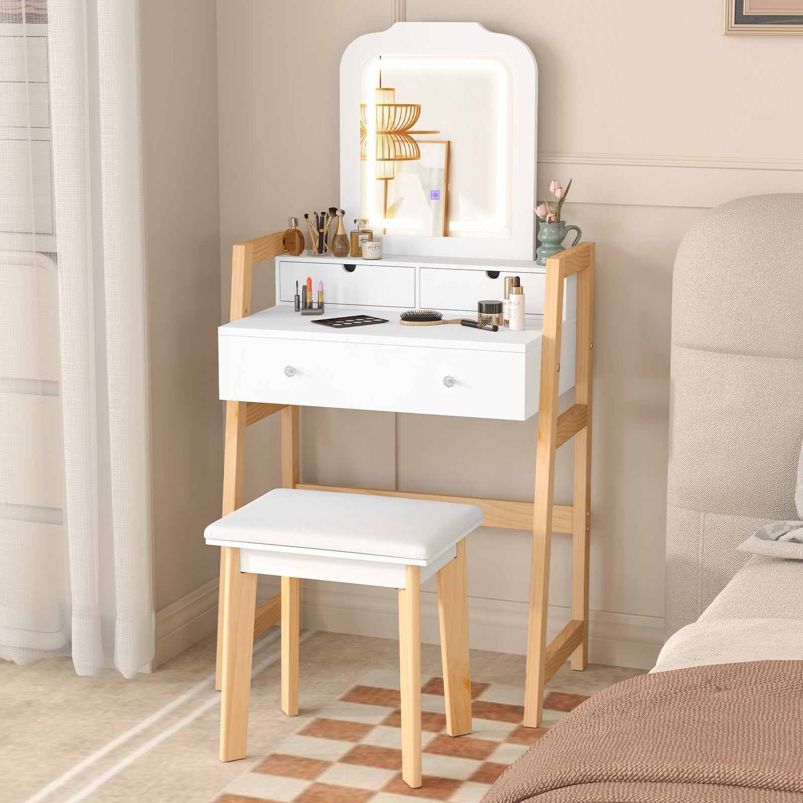 Adjustable Height Vanity Desk Set with 3-Color LED Lighted Mirror and Drawers-White