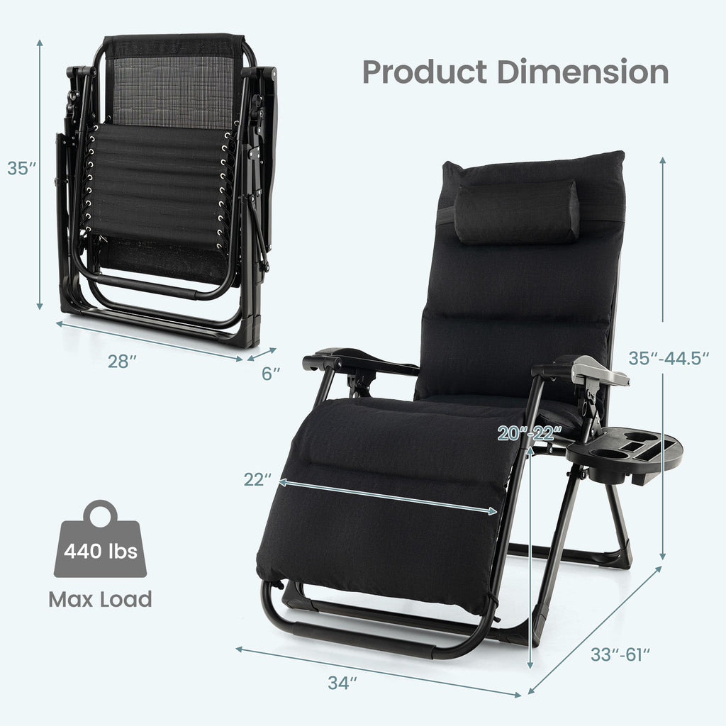 Adjustable Metal Zero Gravity Lounge Chair with Removable Cushion and Cup Holder Tray