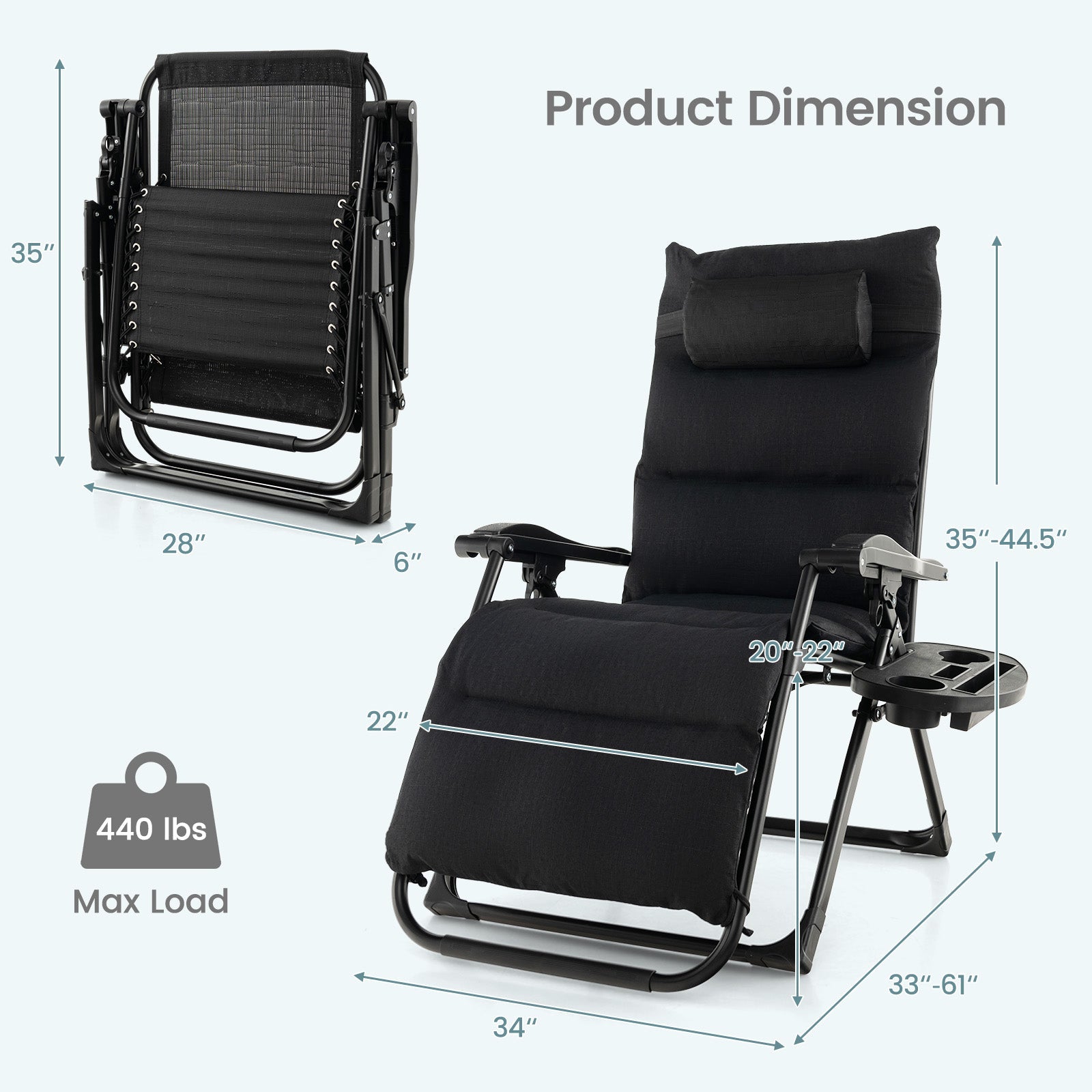 Adjustable Metal Zero Gravity Lounge Chair with Removable Cushion and Cup Holder Tray