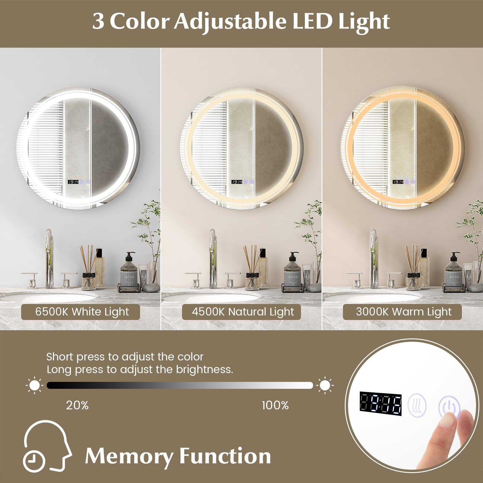 Anti-Fog Round Led Bathroom Mirror with 3 Color LED Lights