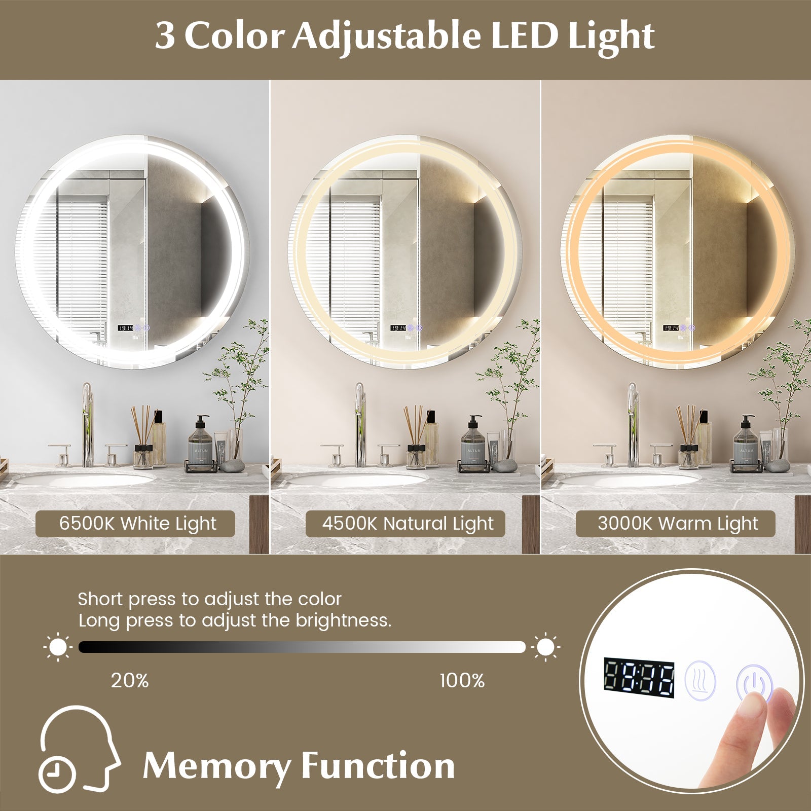 Anti-Fog Round Led Bathroom Mirror with 3 Color LED Lights