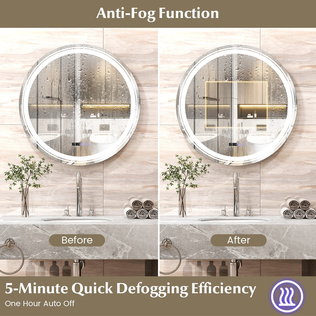Anti-Fog Round Led Bathroom Mirror with 3 Color LED Lights
