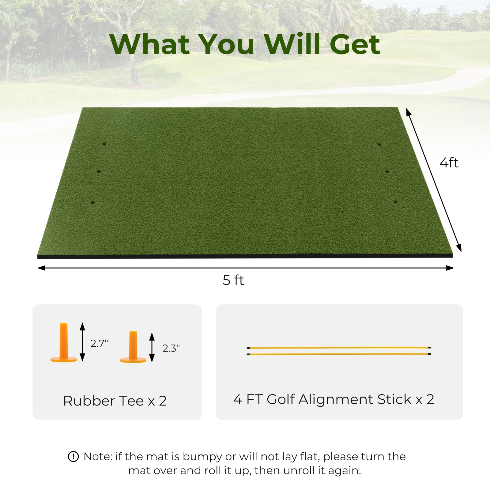 Artificial Turf Mat for Indoor and Outdoor Golf Practice Includes 2 Rubber Tees and 2 Alignment Sticks