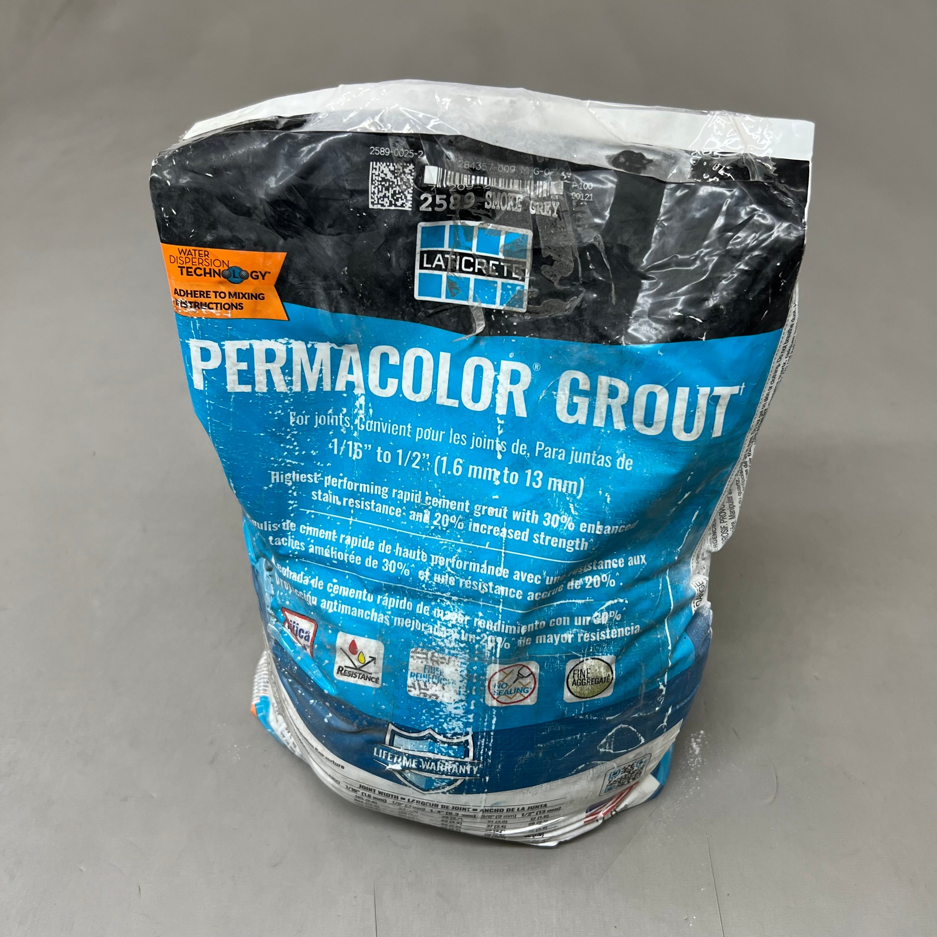 ZA@ LATICRETE Fast Set Polymer Fortified Permacolor Grout Smoke Grey 25lbs 2589-0025-2 (Damaged As-Is)