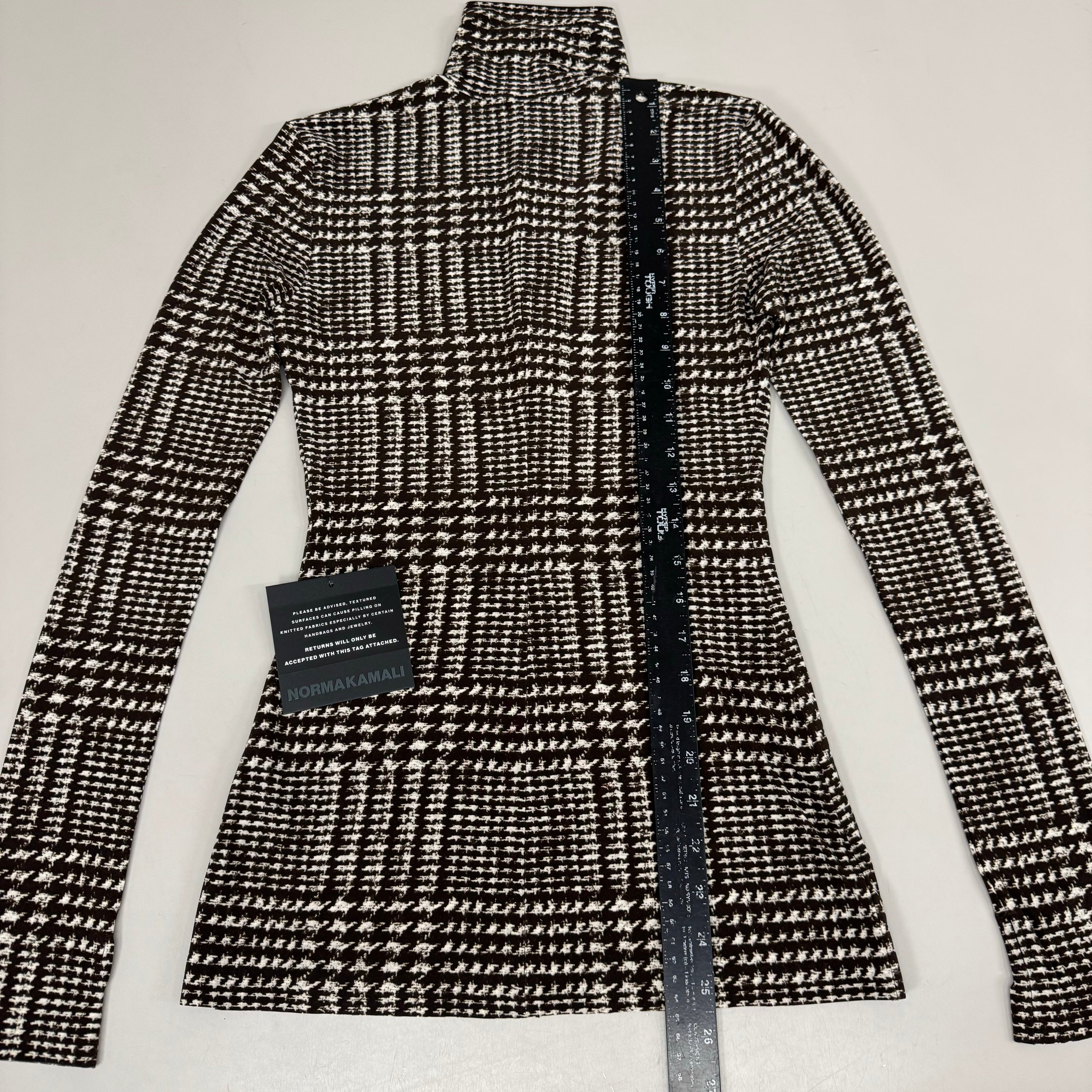 NORMA KAMALI Front Zip Slim Fit Turtle Top Women's Sz XS/34 Chocolate Plaid Tweed