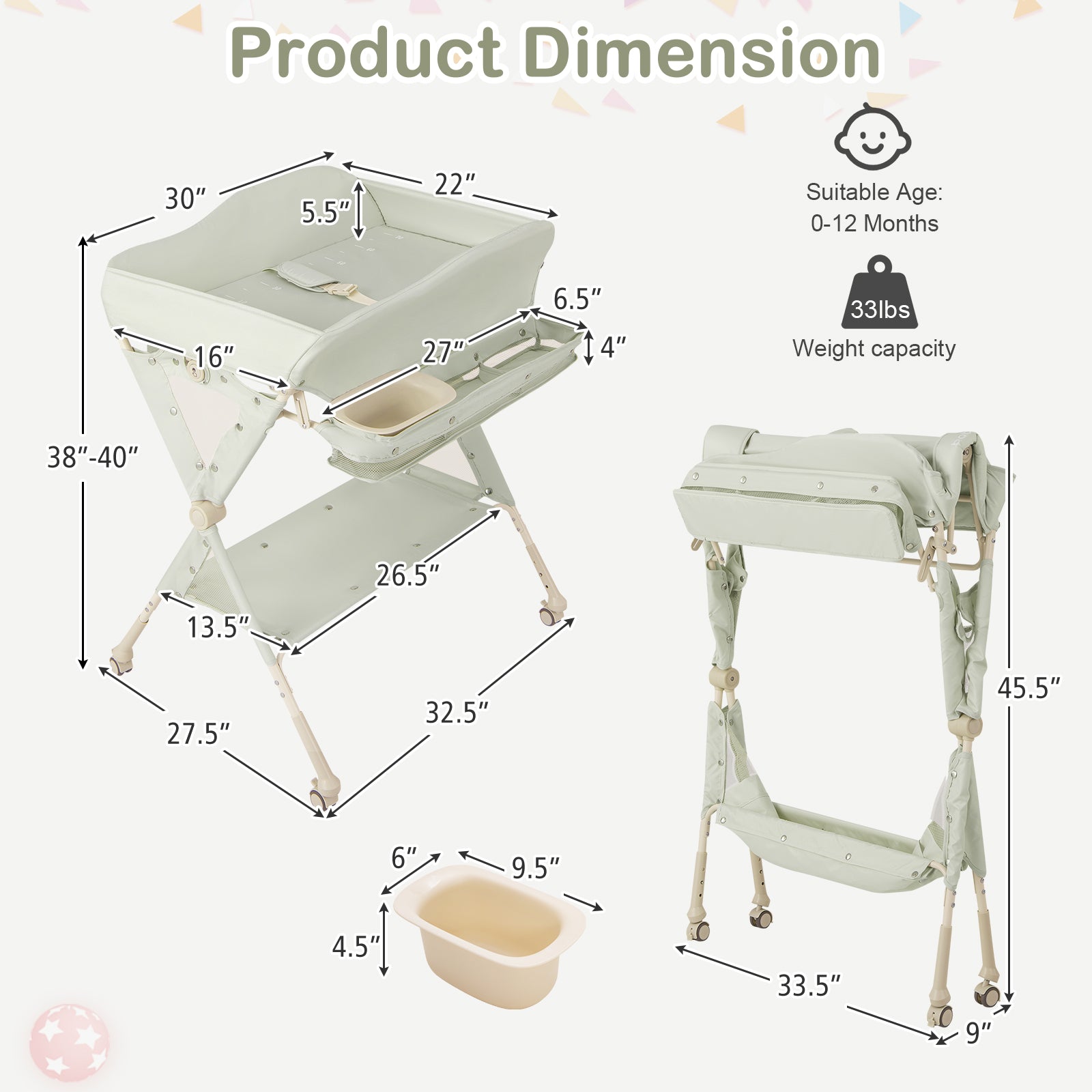 Baby Diaper Changing Table with Water Basin Wheel