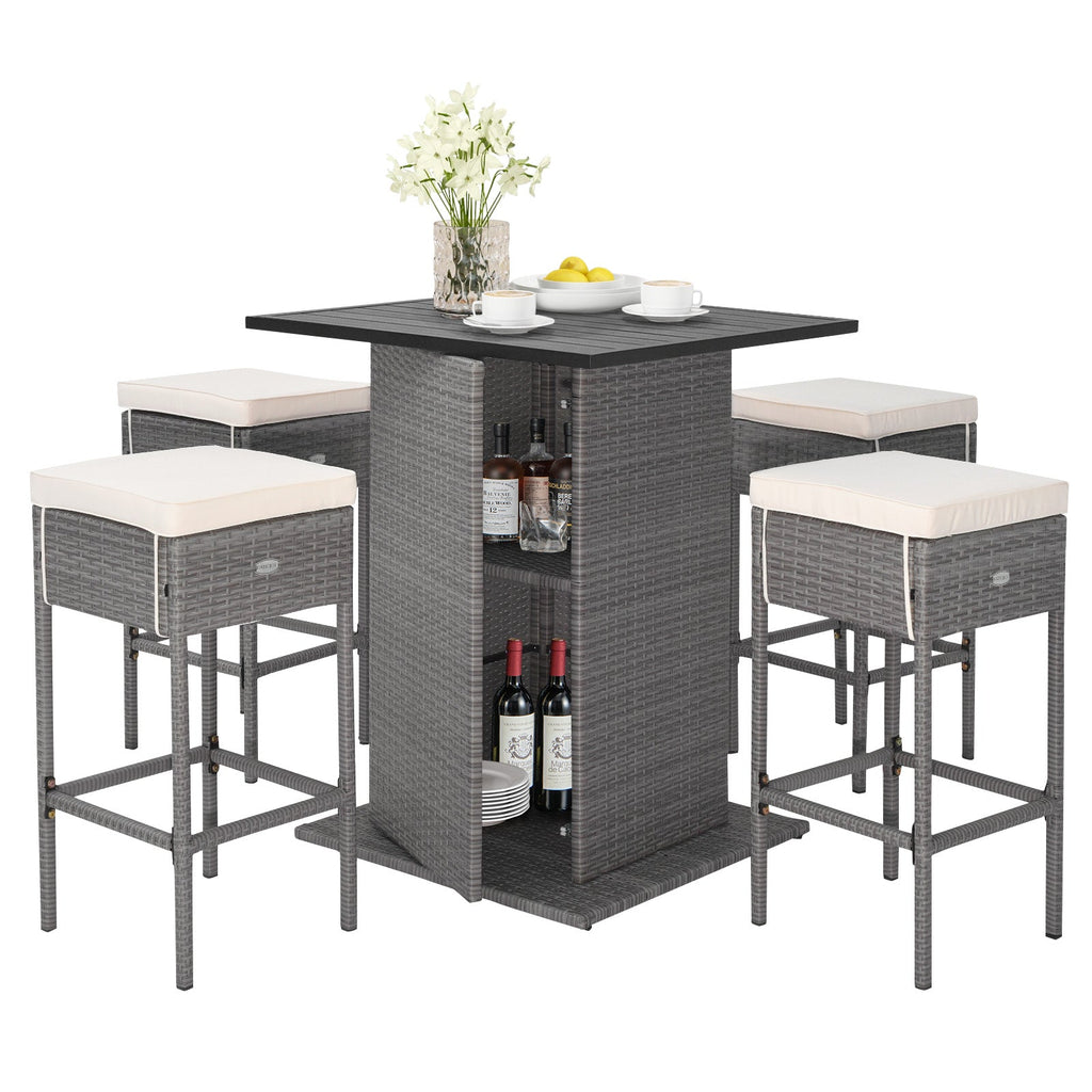 5 Pieces Outdoor Wicker Bar Table Set with Hidden Storage Shelves-White