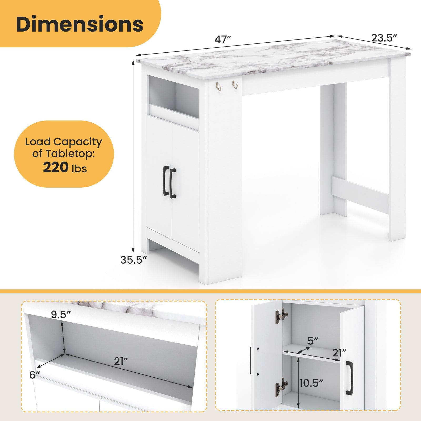 Bar Table Faux Marble Pub Table with 7 Hanging Hooks Compartment-White