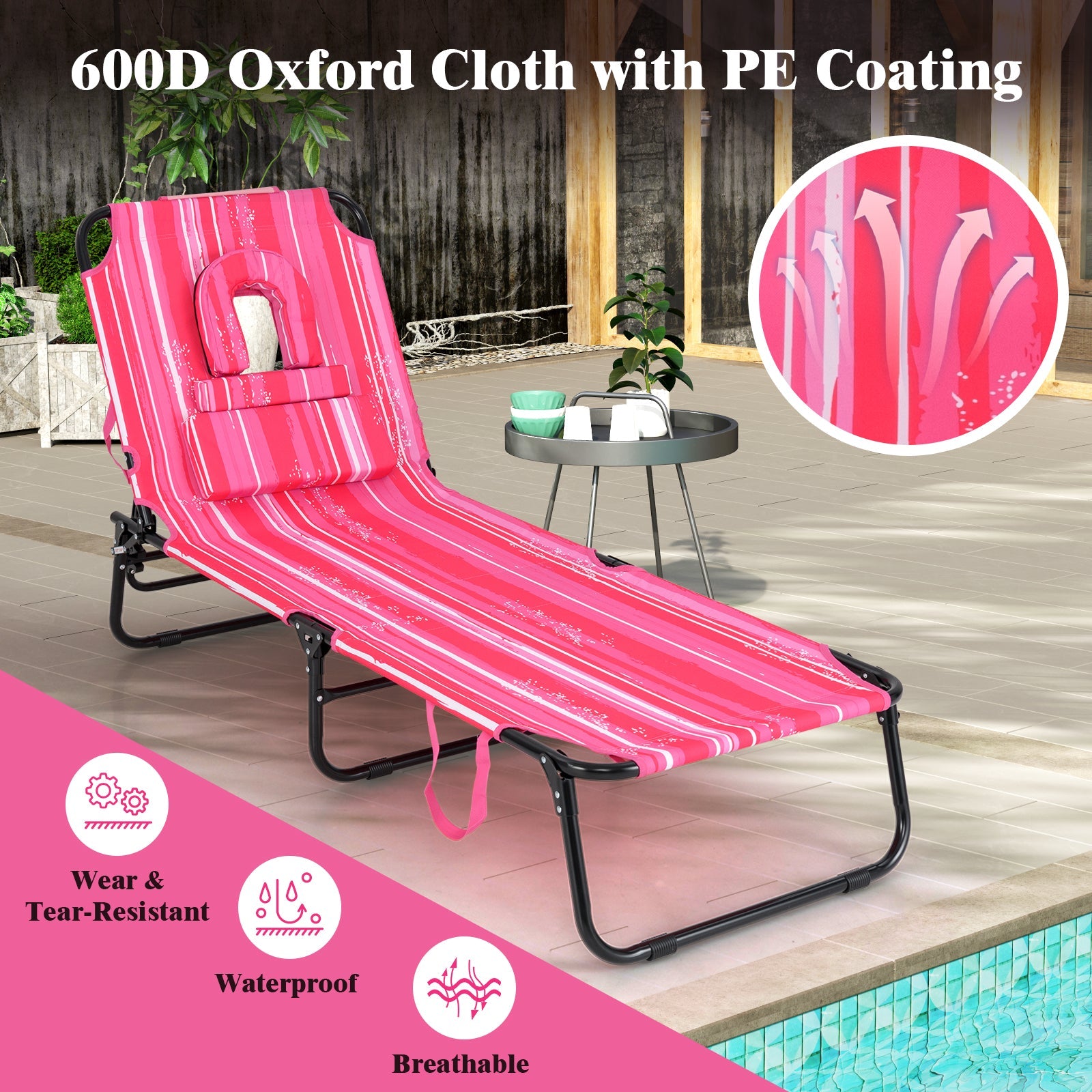 Beach Chaise Lounge Chair with Face Hole and Removable Pillow-Hot Pink