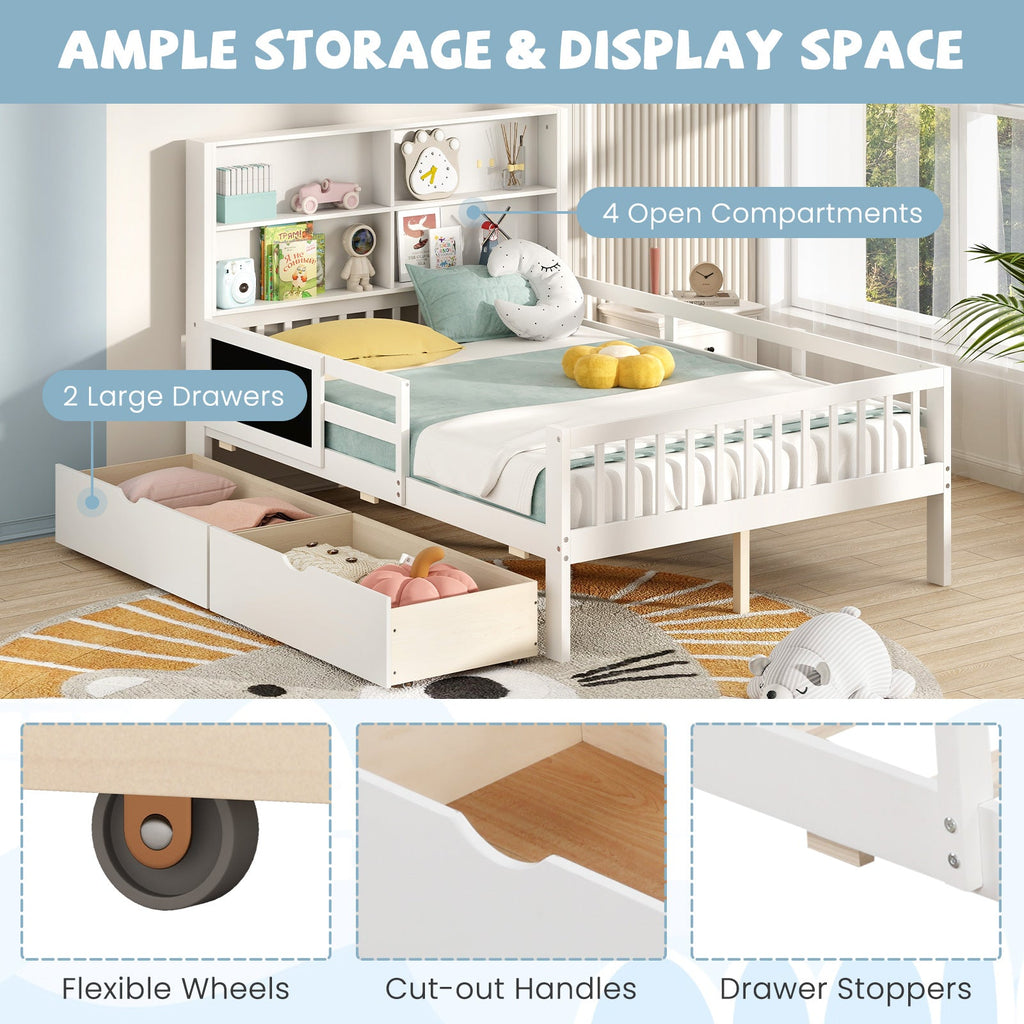 Twin/Full Size Bed Frame with 2 Drawers and Bookcase for Boys and Girls