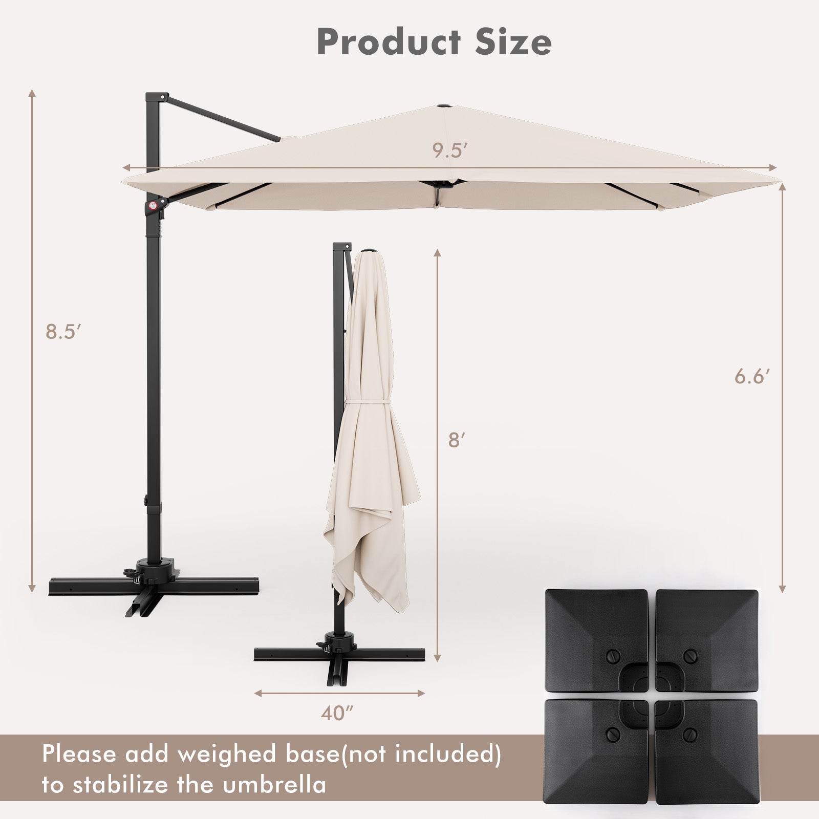 9.5 Feet Square Patio Cantilever Umbrella with 360° Rotation