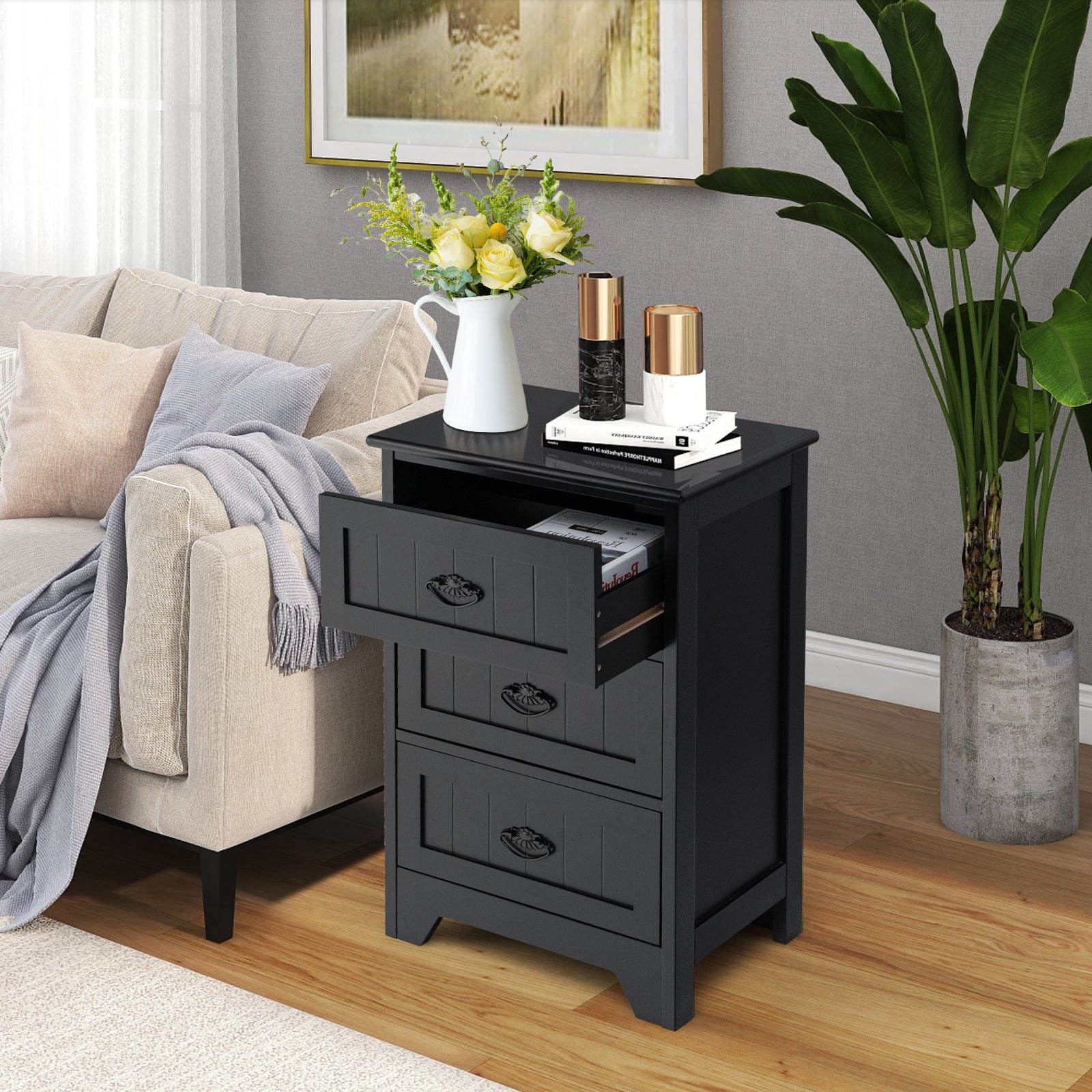 Farmhouse Nightstand with 3 Storage Drawers and Handles