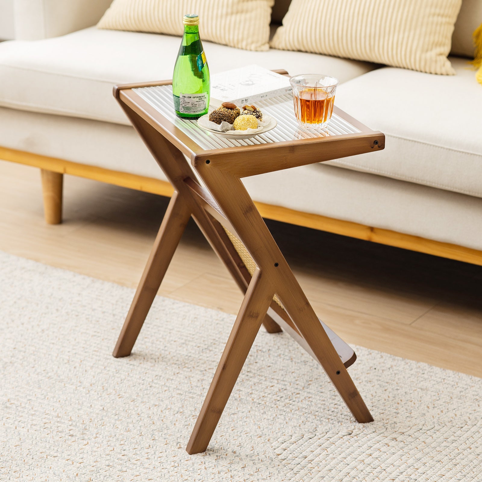 Boho End Table with Magazine Rack and Tempered Glass Top