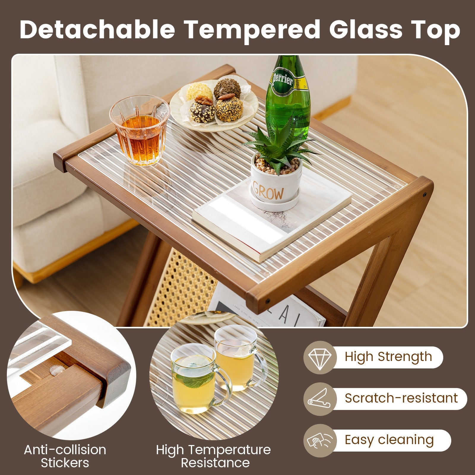 Boho End Table with Magazine Rack and Tempered Glass Top