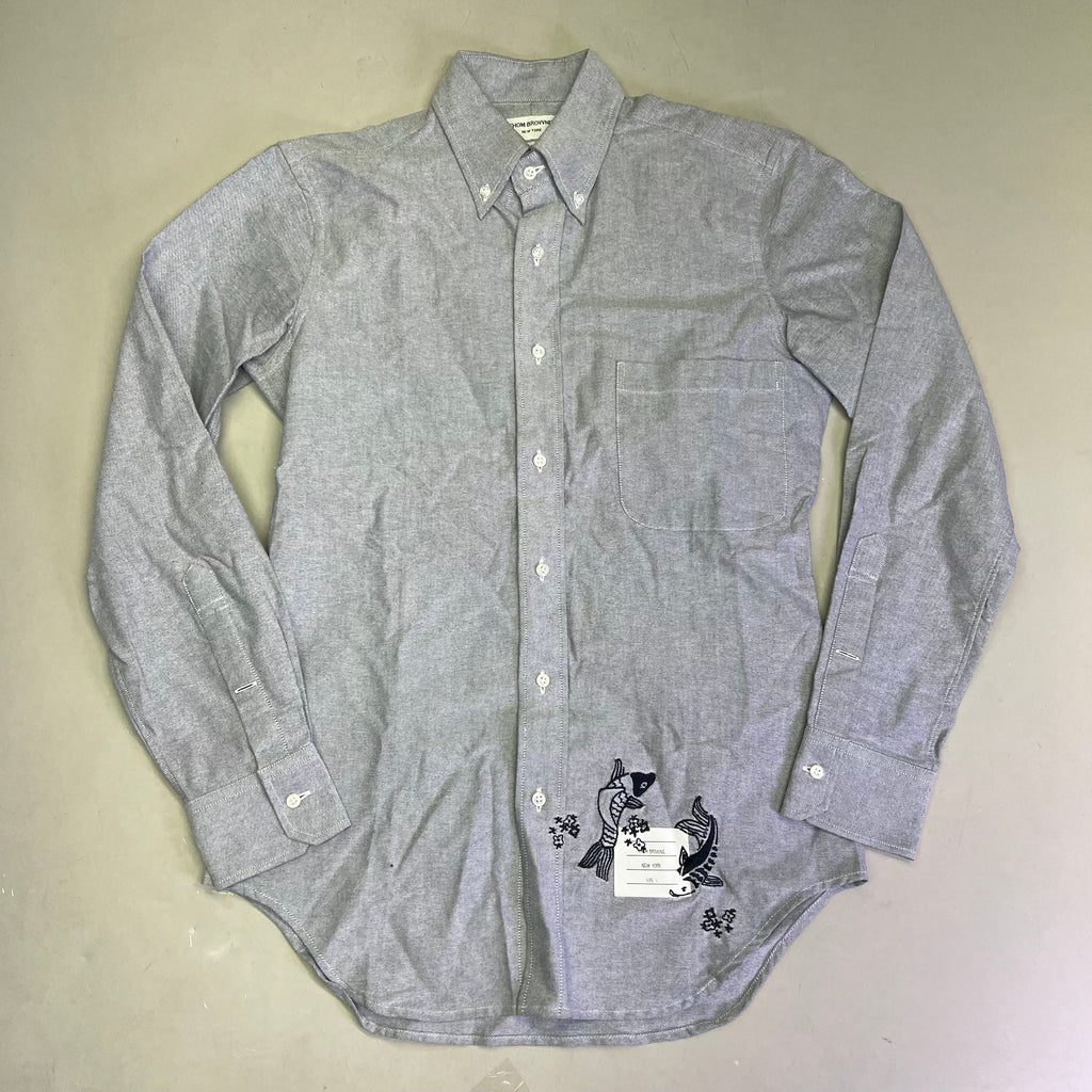 THOM BROWNE Embroidered Koi Fish Button Up Shirt Designer Sz 1  Blue (Pre-Owned)