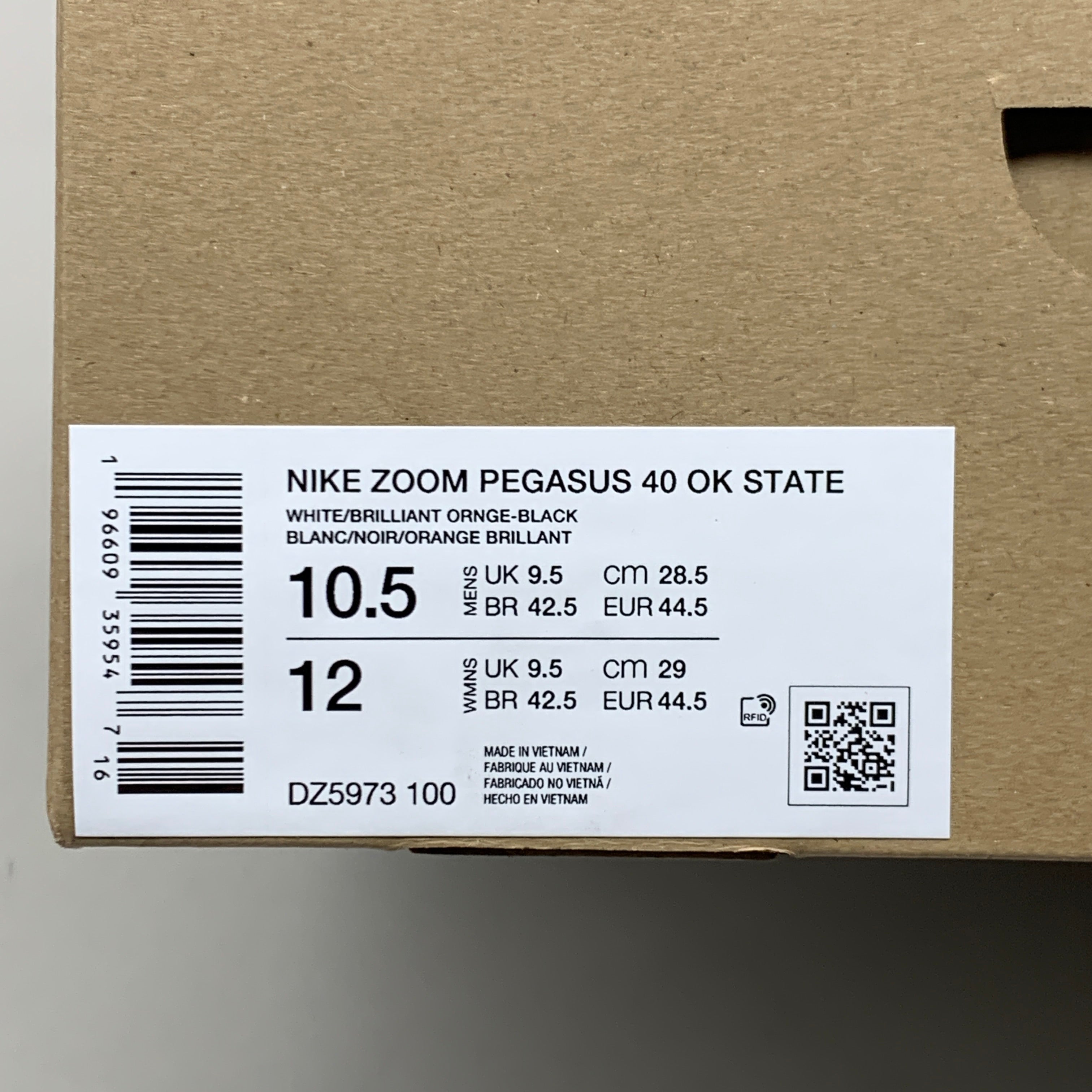 NIKE Zoom Pegasus 40 OK STATE Shoes White, Brilliant Orange & Black 12 W 10.5 M DZ5973-100