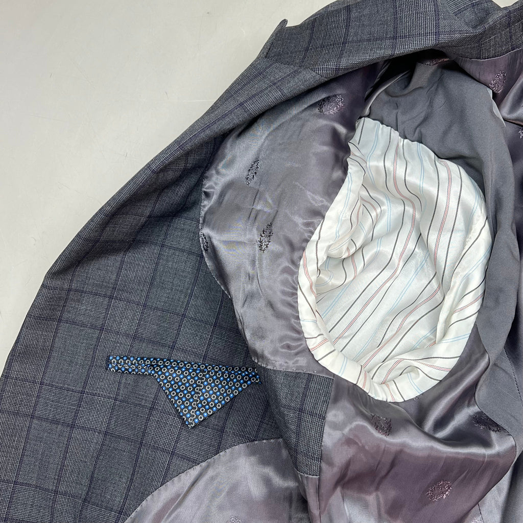RALPH LAUREN  70% Wool Hand Tailored Suit Set Men's Sz 42 L Grey Purple Plaid (Pre-Owned)