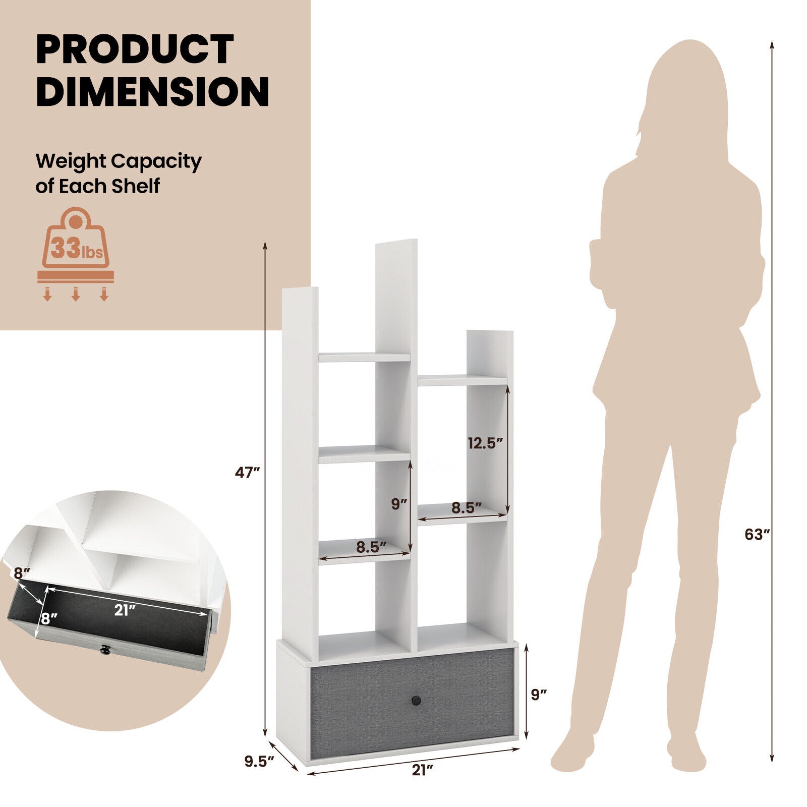 7-Tier Open-Back Bookshelf with Drawer