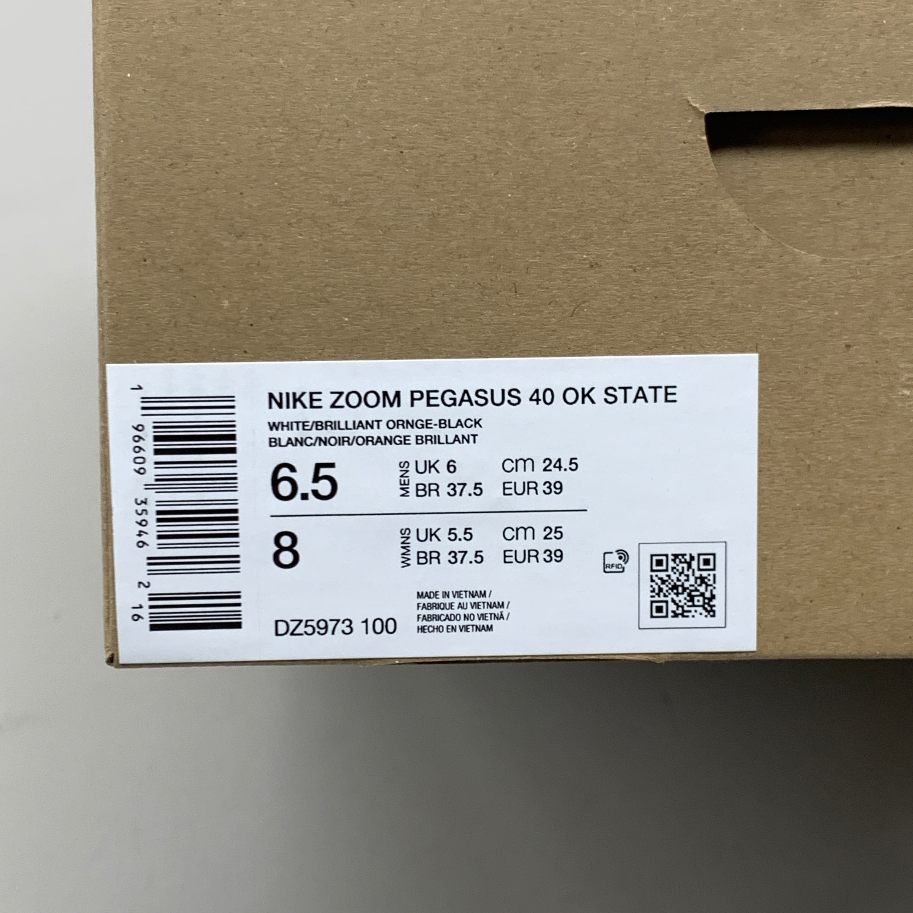 NIKE Zoom Pegasus 40 OK STATE White Shoes, Brilliant Orange & Black 8 W 6.5 M DZ5973-100