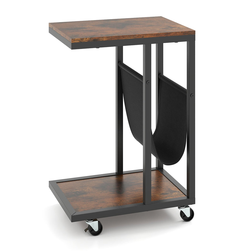C-shaped Side Table with Canvas Storage Pouch and Metal Frame-Borwn