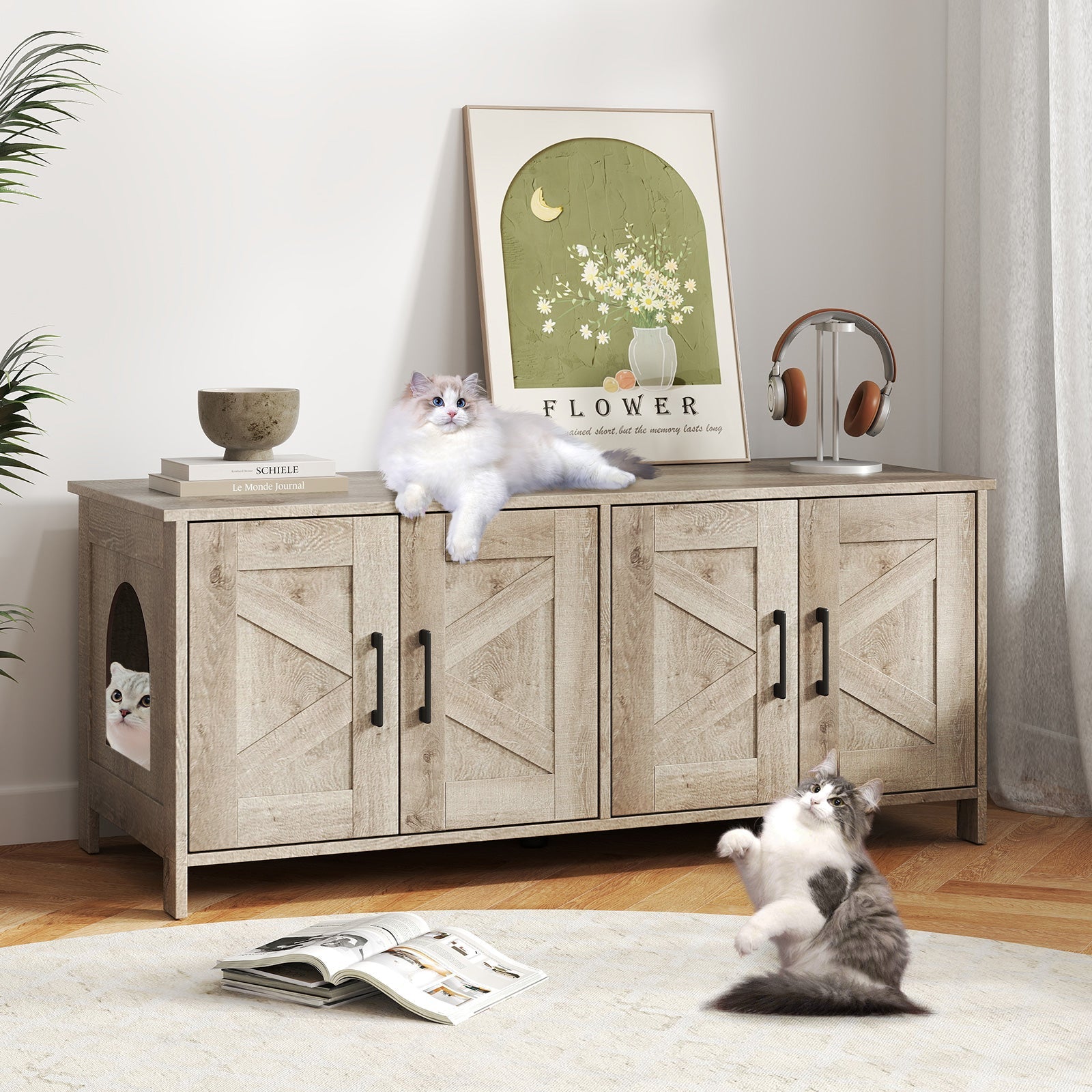 Cat Litter Box Enclosure for 2 Cats Modern Kitty Litter Box Furniture Hidden