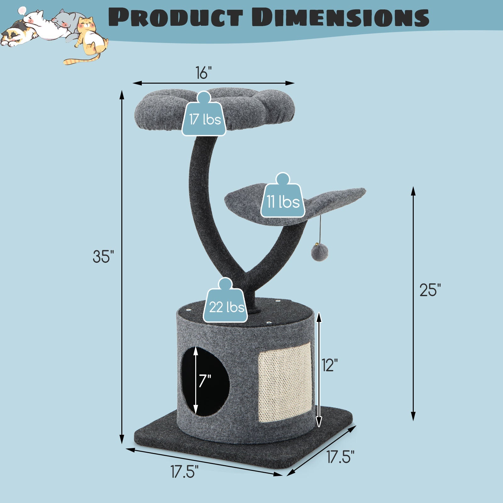 Cat Tree for Indoor Cats with Curved Metal Supporting Frame for Large & Small Cats-Gray