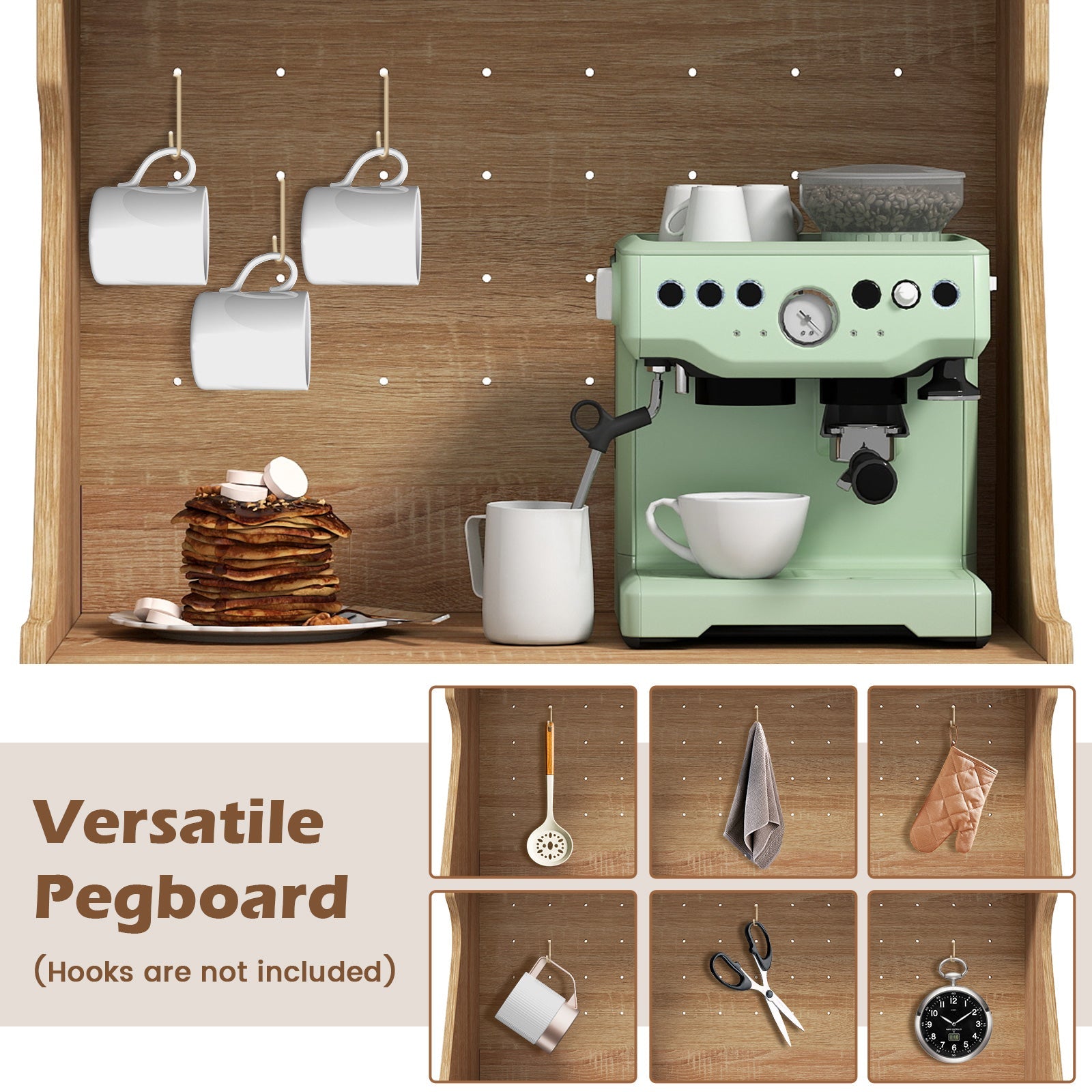 Coffee Bar Cabinet with Pegboard Storage Drawer and Adjustable Shelf-Oak