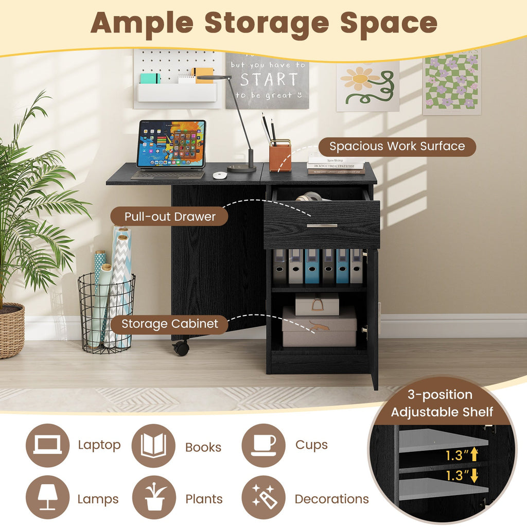 Folding Computer Desk with Drawer Mobile Home Office Desk with Cabinet