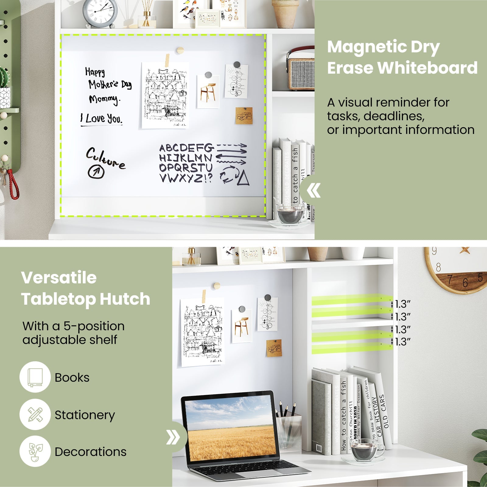 Compact Office Computer Desk with Hutch Magnetic Whiteboard-White