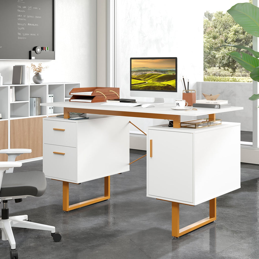 51 Inch Computer Desk with Floating Desktop and Dual Drawers-White