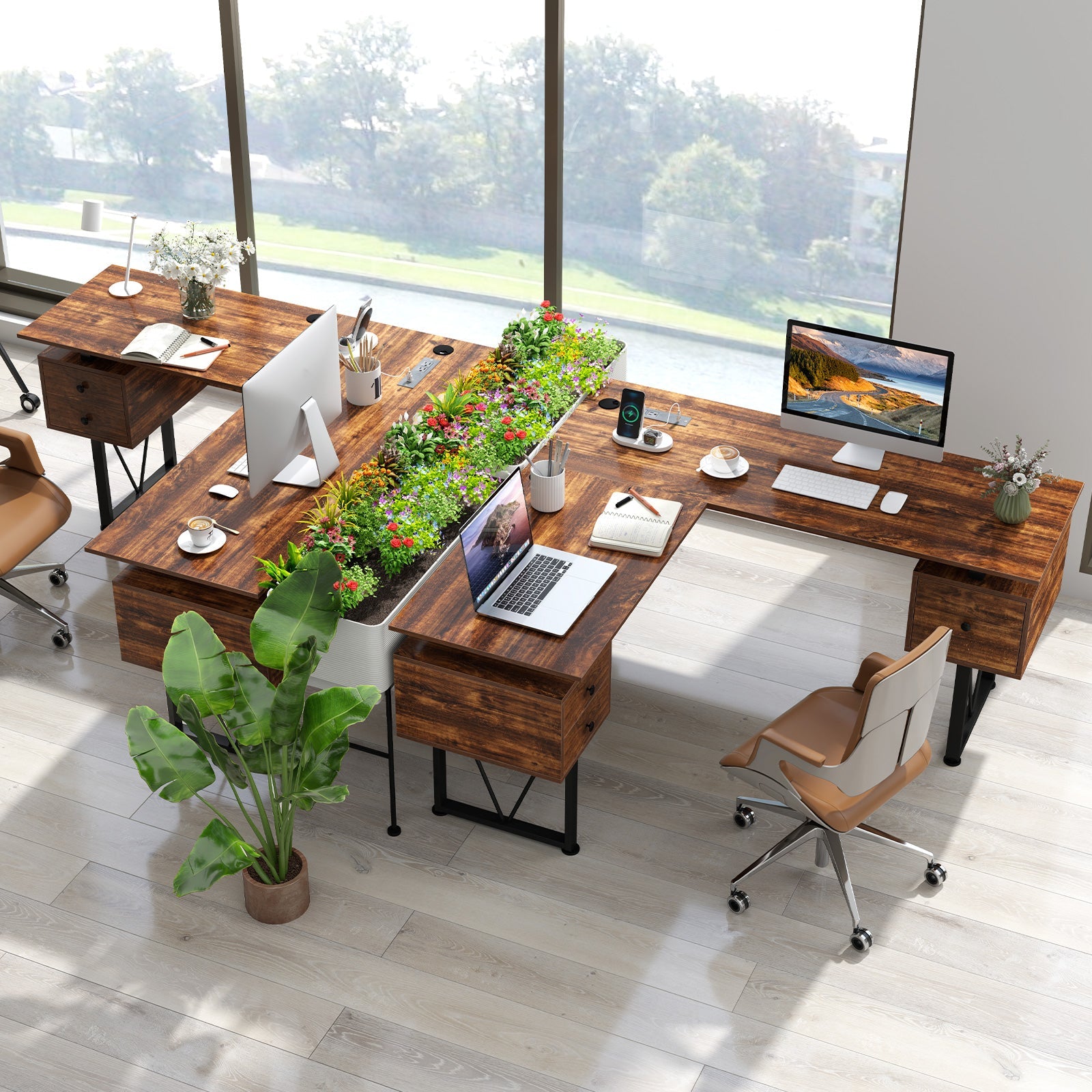 L-shaped Computer Desk with Power Outlets and 3 Storage Drawers-Rustic Brown